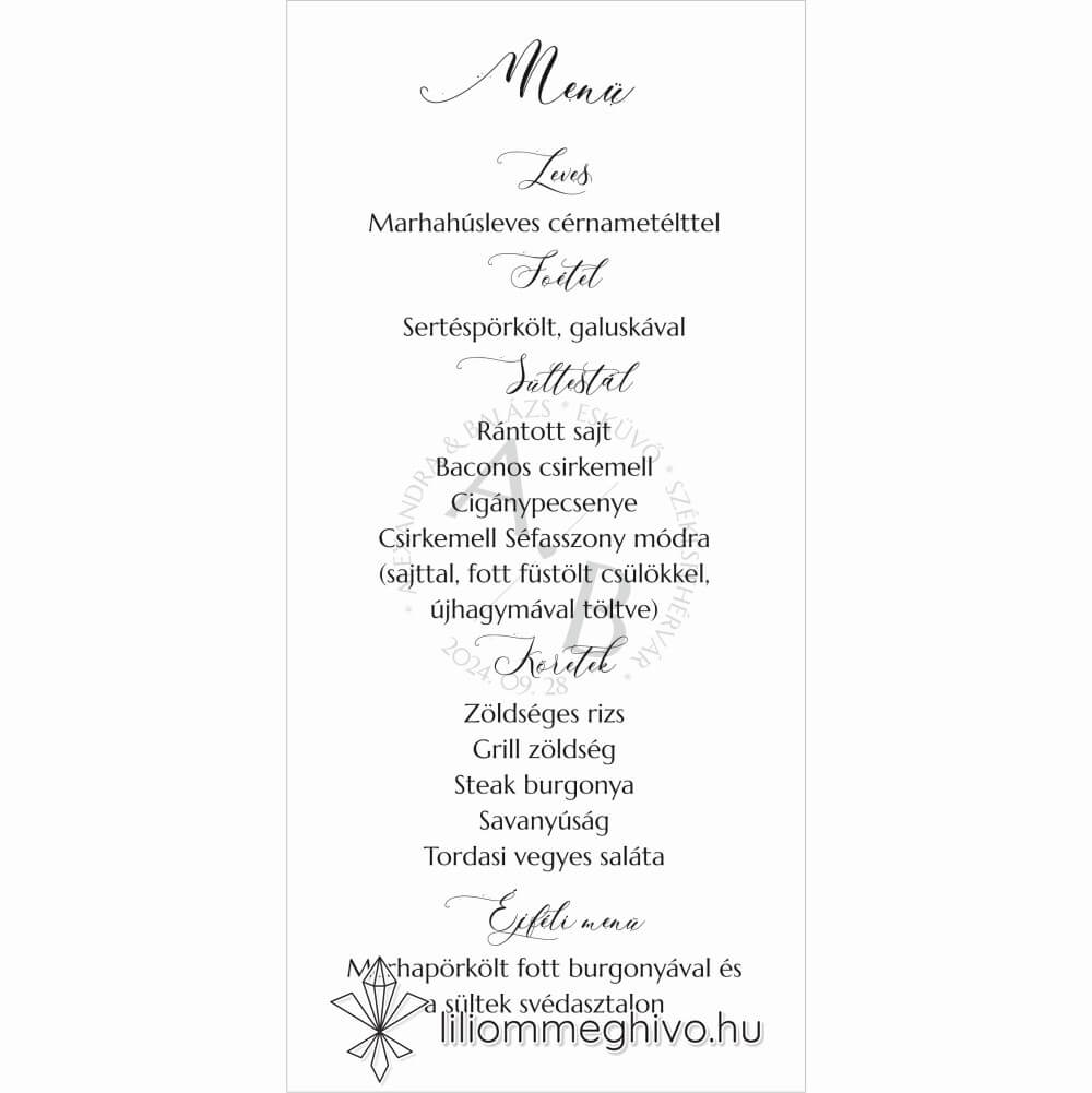 Kalligráfia esküvői menükártya modern hangulat egylapos változat