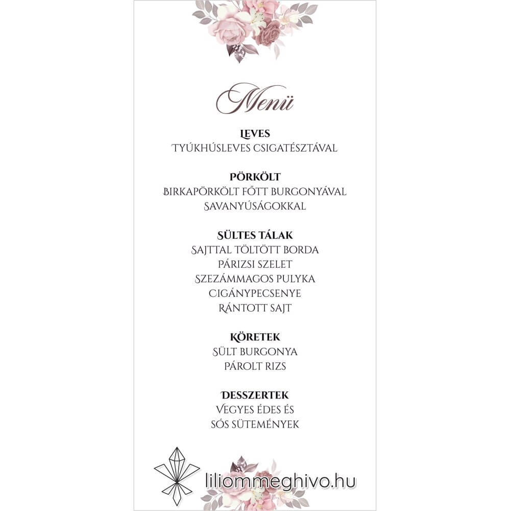 Mályva esküvői egyoldalas menükártya virágokkal