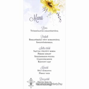 Napraforgó esküvői egyoldalas menükártya sárga virággal