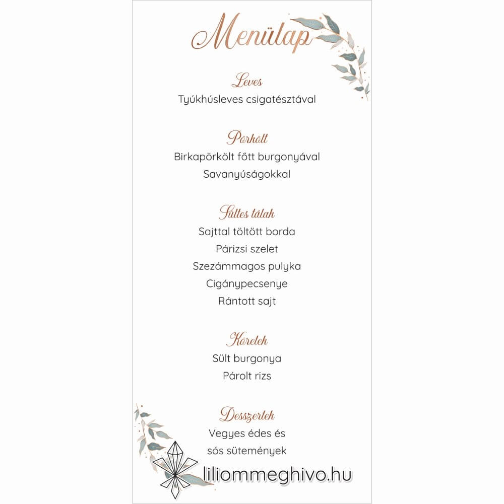 Rosegold esküvői menükártya modern hangulat egylapos változat