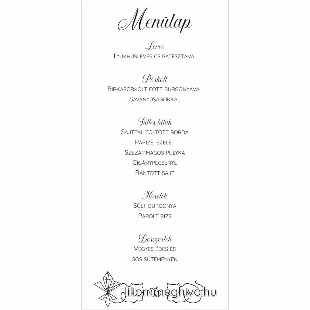 Sziámi esküvői menükártya egylapos változat stilizált cicákkal