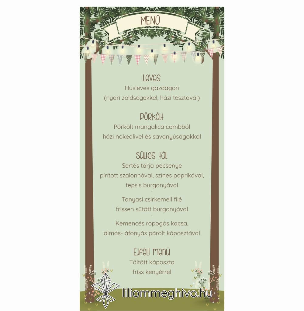 Tisztás esküvői menükártya rajzolt hangulat egylapos változat