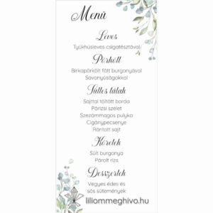 Zöldike esküvői menükártya greenery hangulat zöld virágokkal egyoldalas