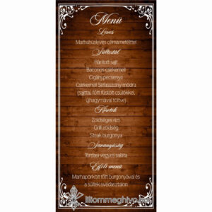 Pajta esküvői egyoldalas menükártya festett deszka fehér betűk