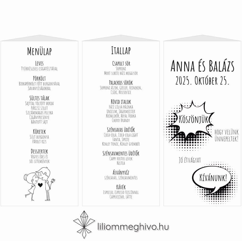 Buborék esküvői menüháromszög modern és képregényes hangulat fekete.fehér