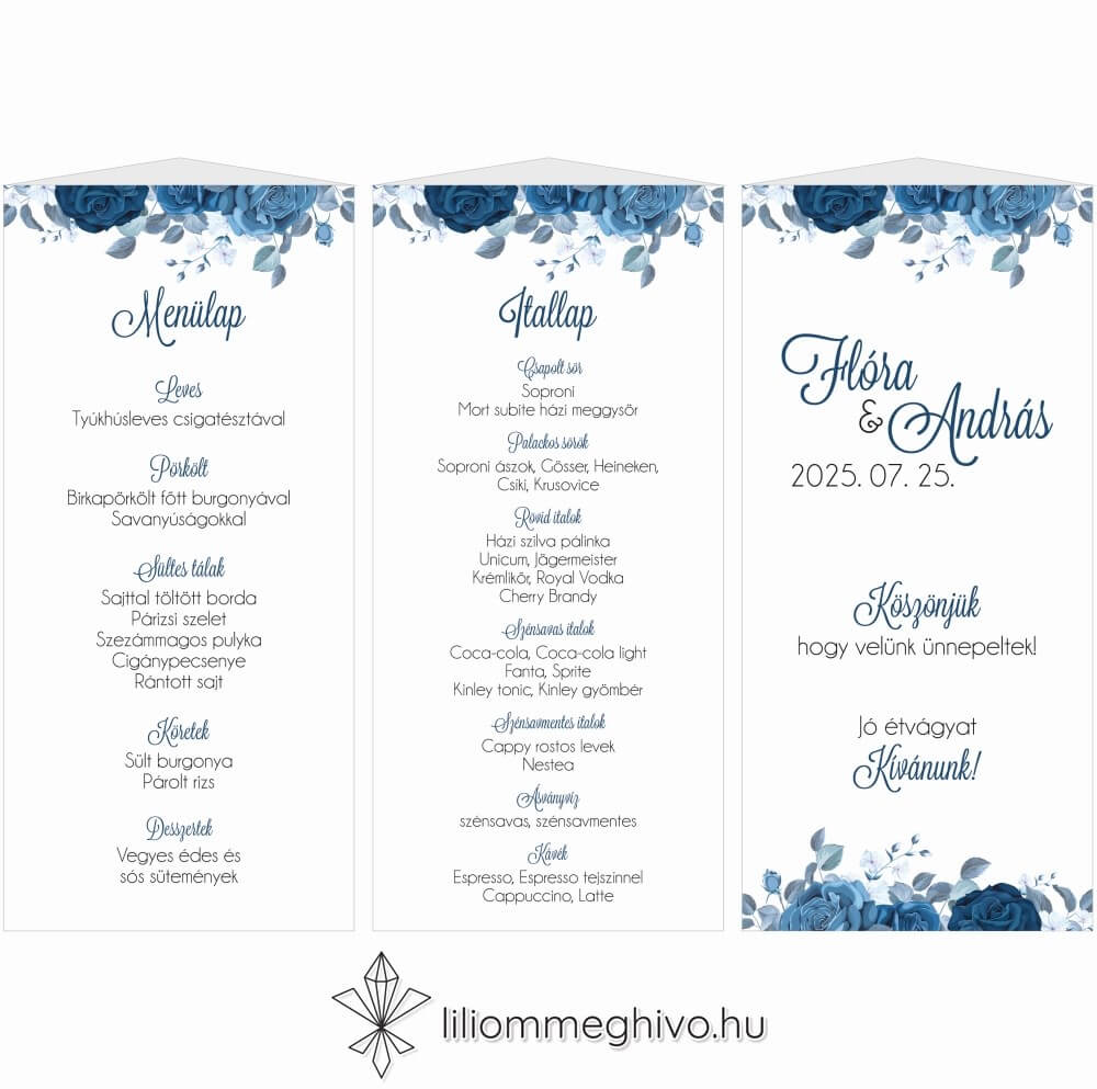 eskuvoi-menu-haromoldalas-ejfel-liliommeghivo Éjfél esküvői menüháromszög téli hangulat kék virágokkal
