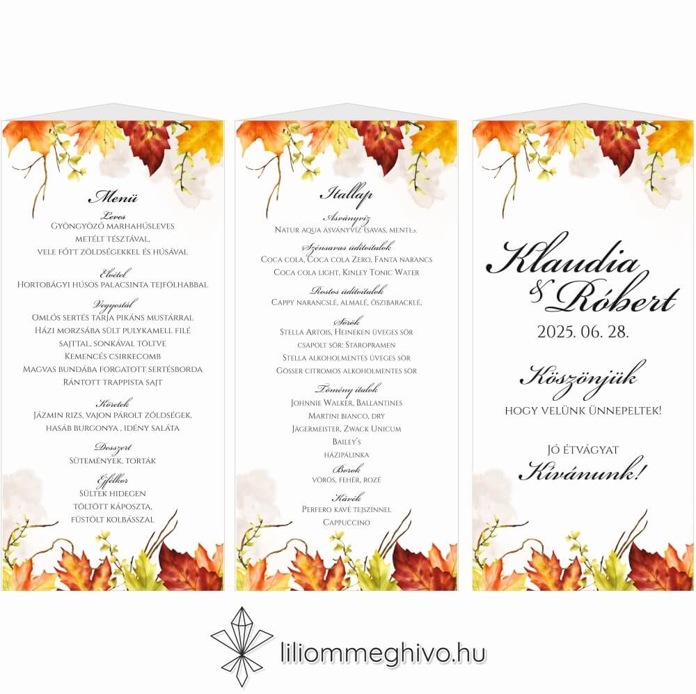 Falevelek esküvői menüháromszög sárga levelekkel