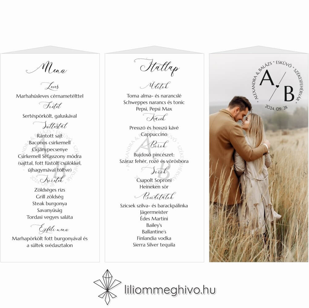 eskuvoi-menu-haromoldalas-kalligrafia-liliommeghivo Kalligráfia esküvői menükártya modern hangulat menüháromszög változat