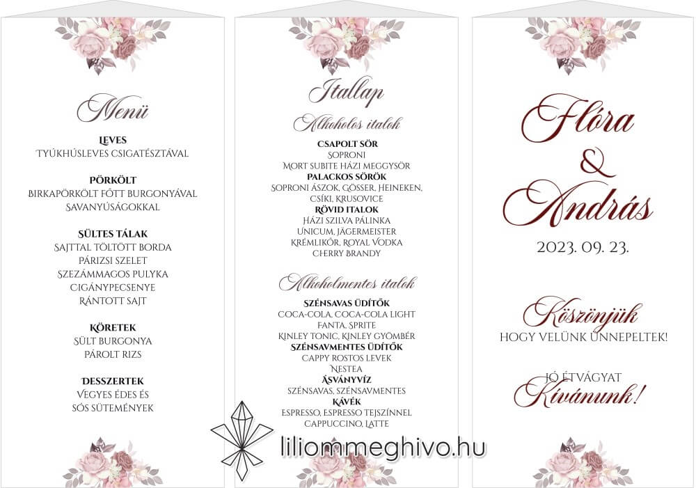 Mályva esküvői menüháromszög virágokkal