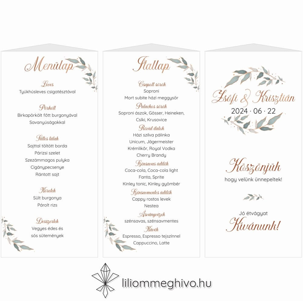 Rosegold esküvői menükártya modern hangulat menüháromszög változat