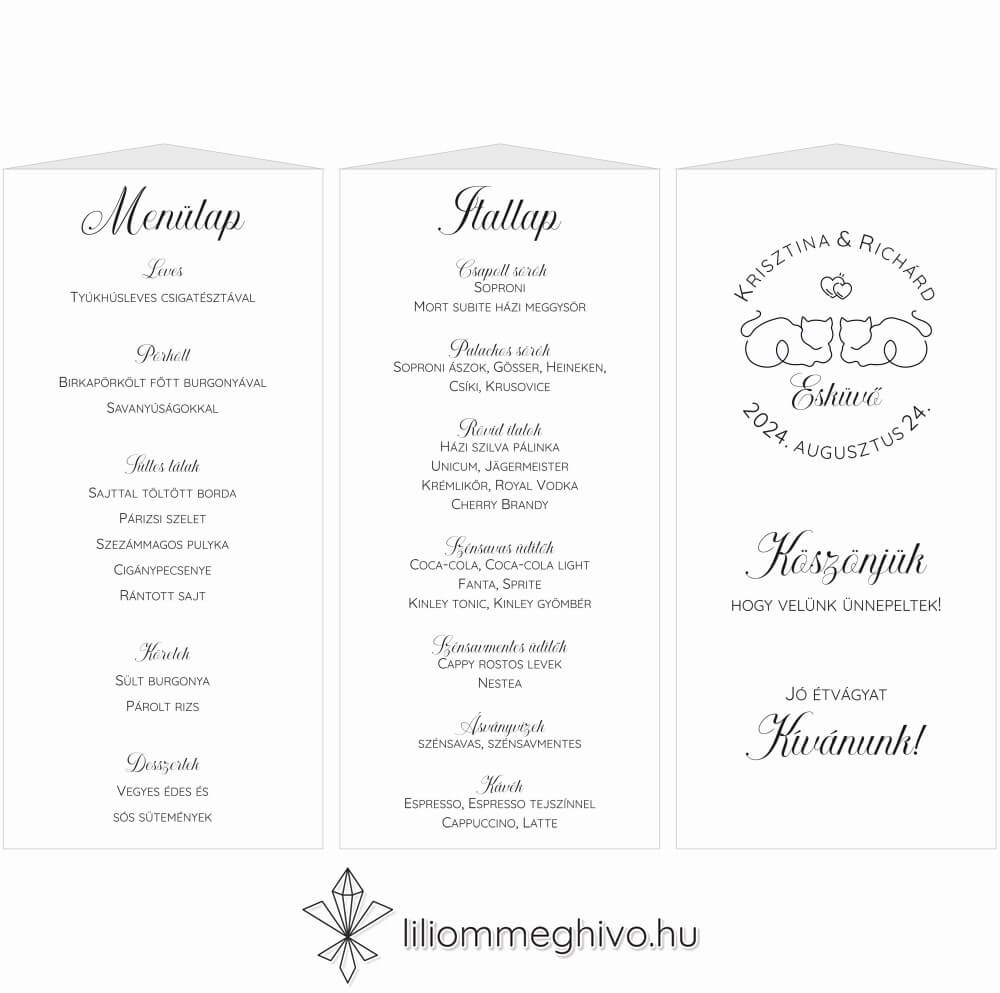 eskuvoi-menu-haromoldalas-sziami-liliommeghivo Sziámi esküvői menükártya menüháromszög változat stilizált cicákkal