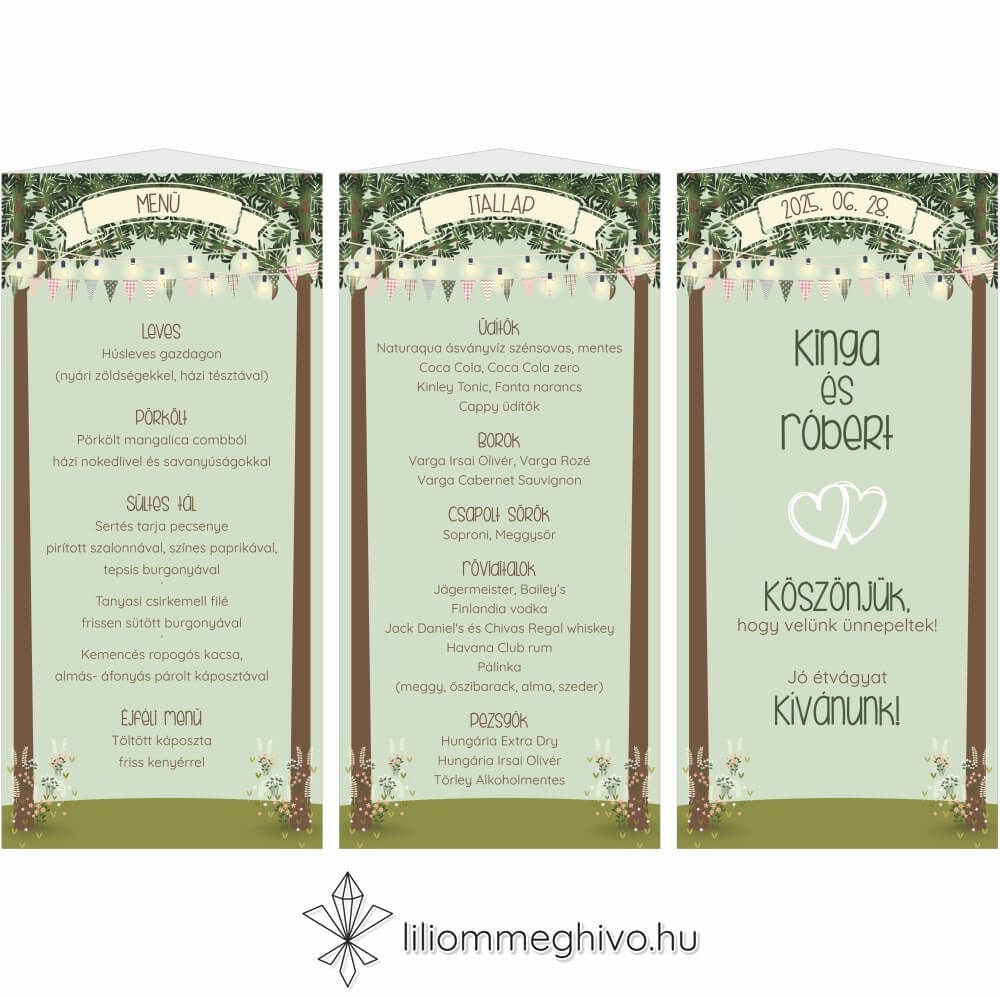 Tisztás esküvői menükártya rajzolt hangulat menüháromszög változat