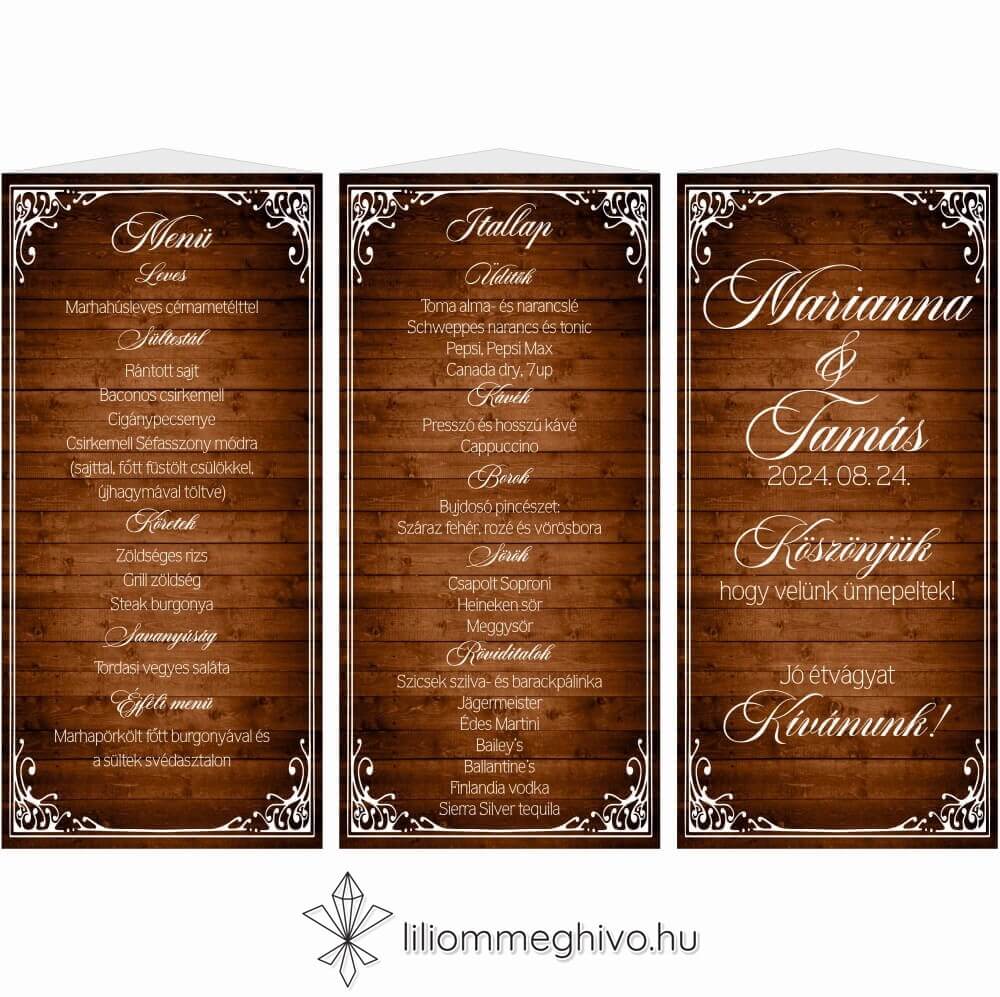 eskuvoi-menu-haromoldalas-zsalya-liliommeghivo Pajta esküvői menüháromszög festett deszka fehér betűk