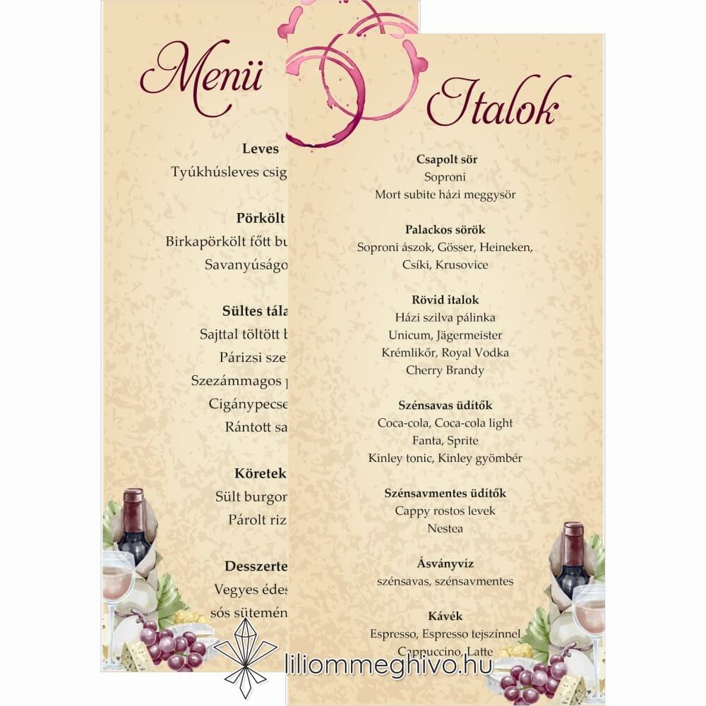 Borkóstoló esküvői menükártya vintage hangulat borfoltok kétoldalas változat