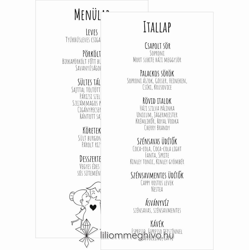 Buborék esküvői menükártya modern és képregényes hangulat fekete.fehér kétoldalas verzió