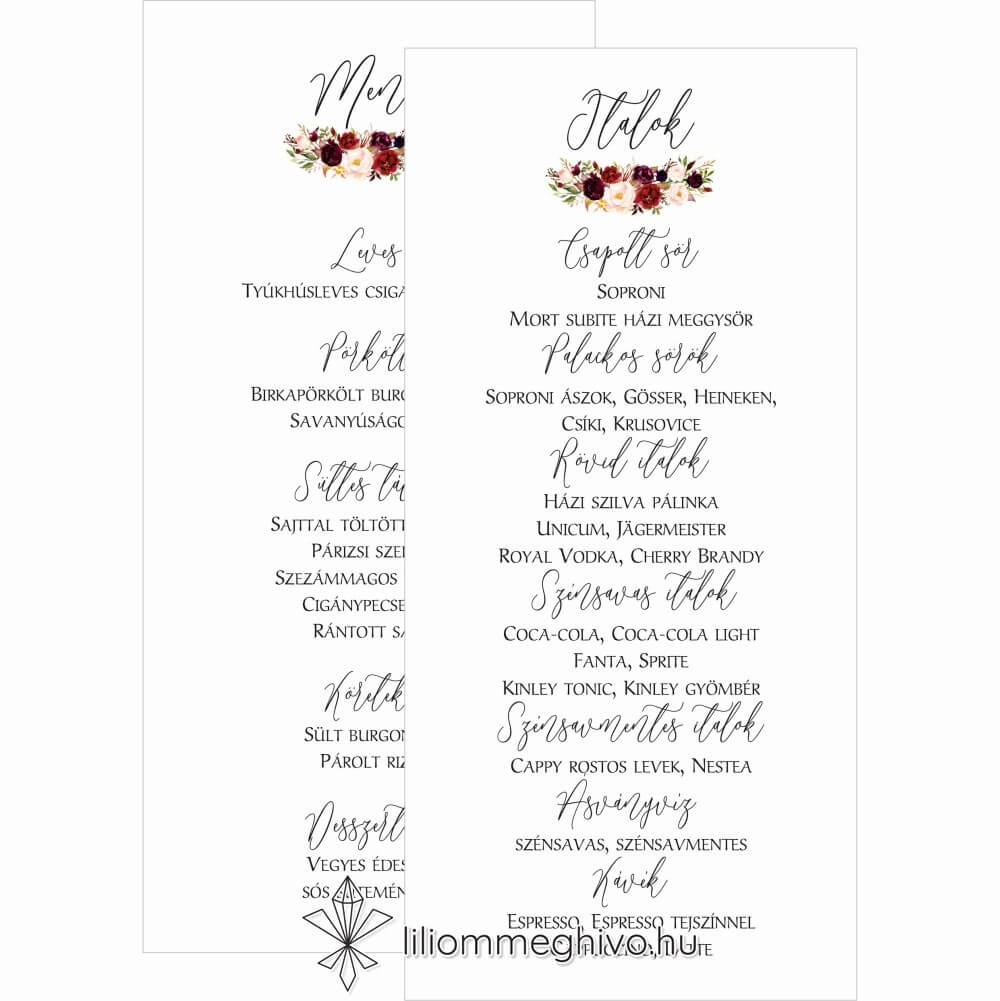 Burgundy esküvői menükártya bordó virágokkal kétoldalas verzió