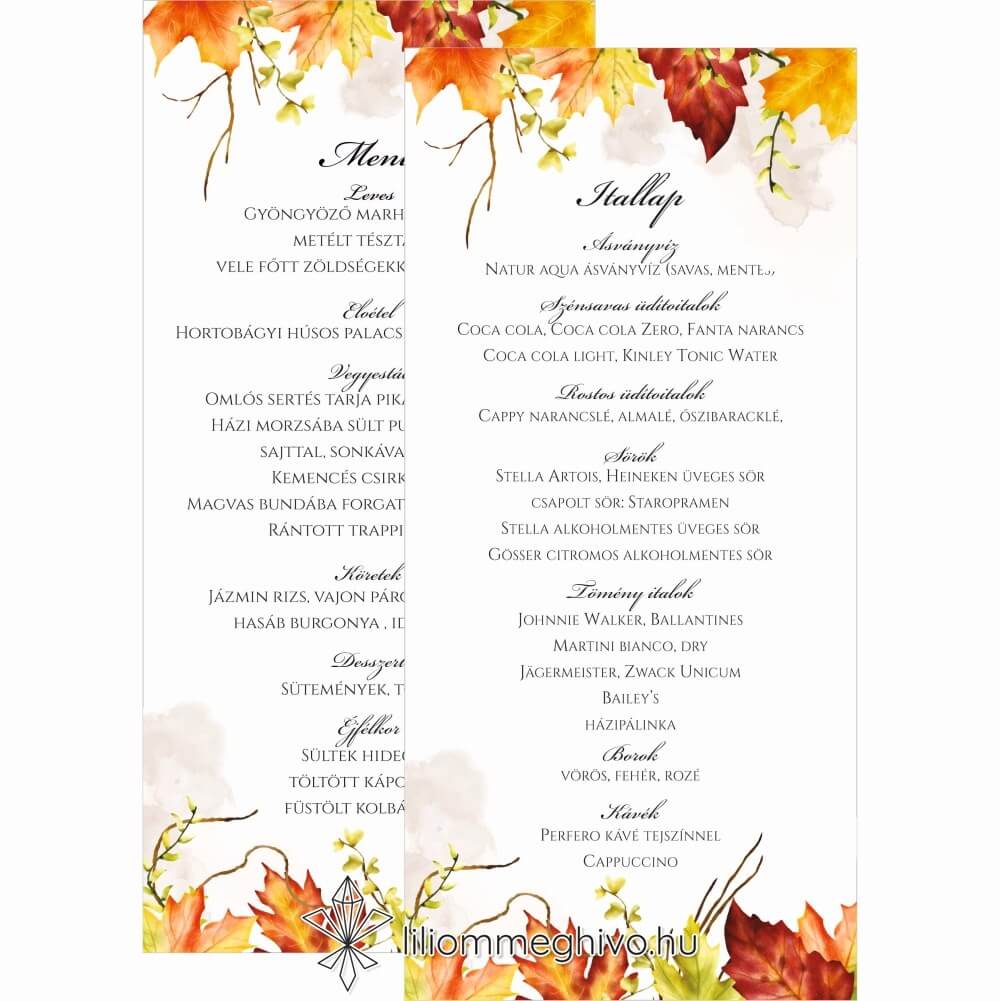 Falevelek esküvői kétoldalas menükártya sárga levelekkel
