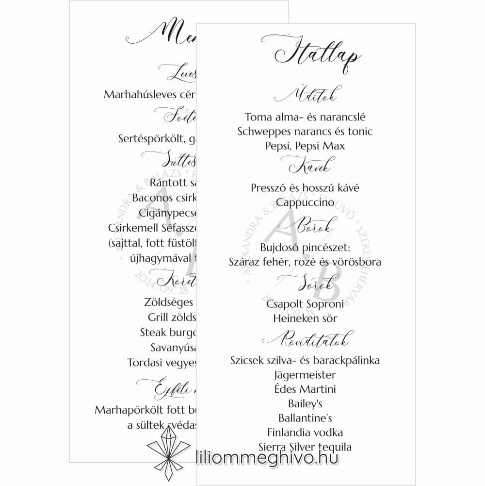 eskuvoi-menu-ketoldalas-kalligrafia-liliommeghivo Kalligráfia esküvői menükártya modern hangulat kétlapos változat