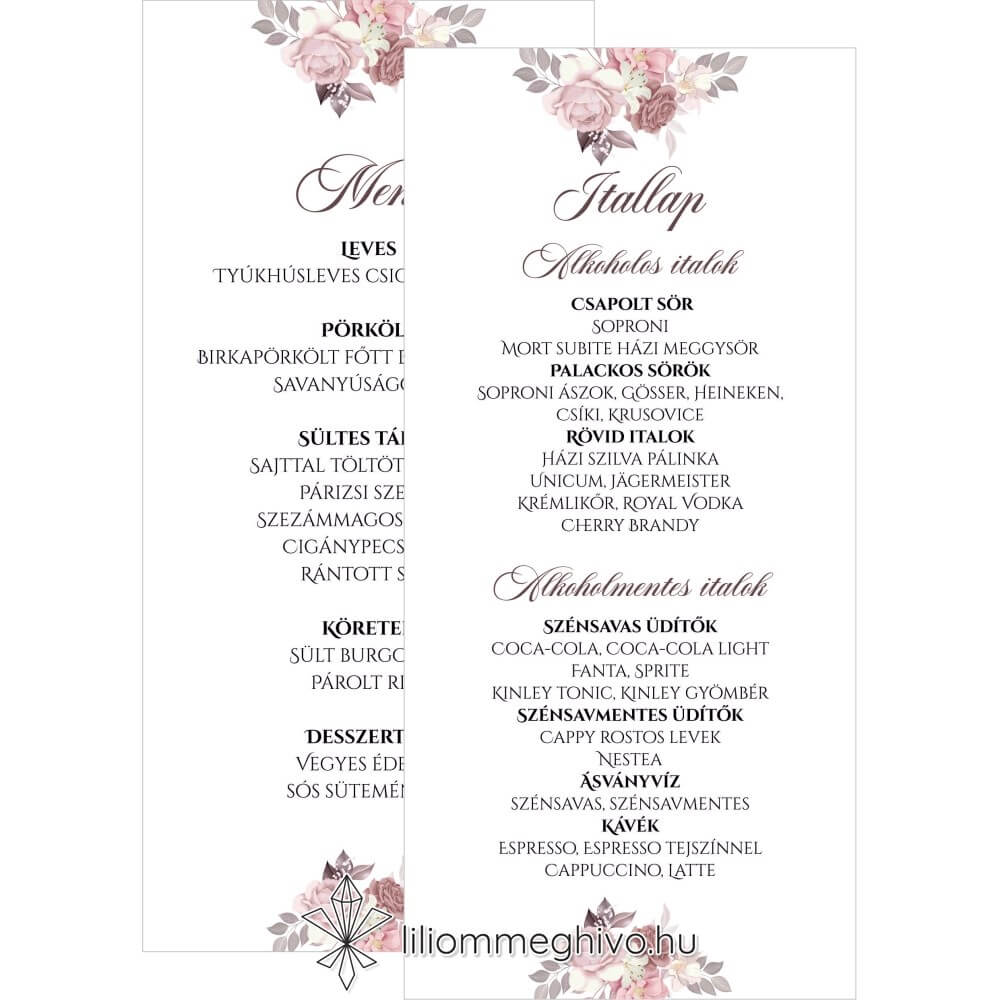 Mályva esküvői kétoldalas menükártya virágokkal