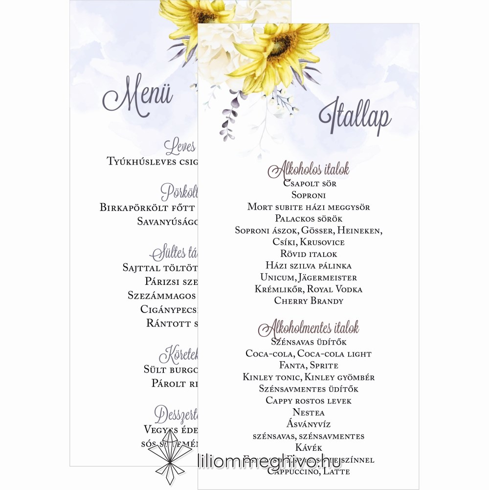 eskuvoi-menu-ketoldalas-napraforgo-liliommeghivo Napraforgó esküvői kétoldalas menükártya sárga virággal