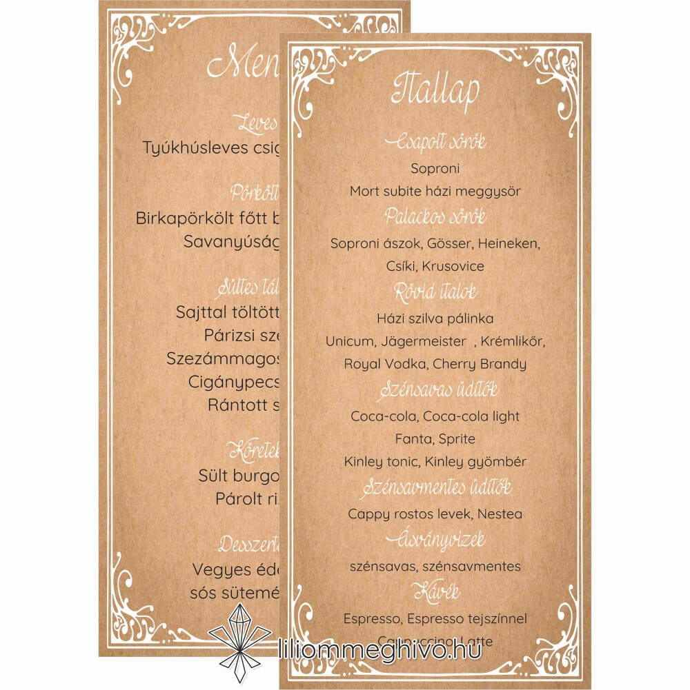 eskuvoi-menu-ketoldalas-papirusz-lililommeghivo Papirusz esküvői menükártya képe kétlapos változat vintage hangulat