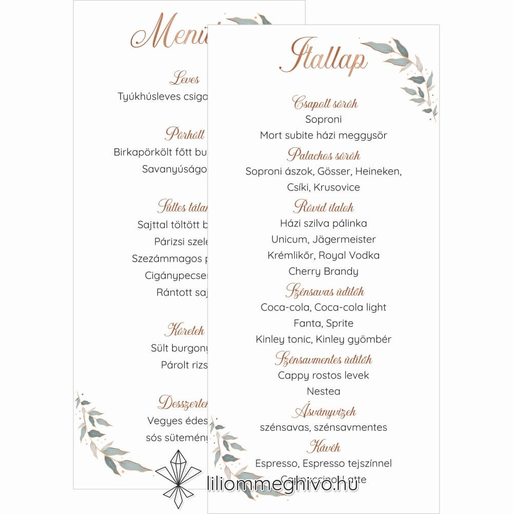 Rosegold esküvői menükártya modern hangulat kétlapos változat