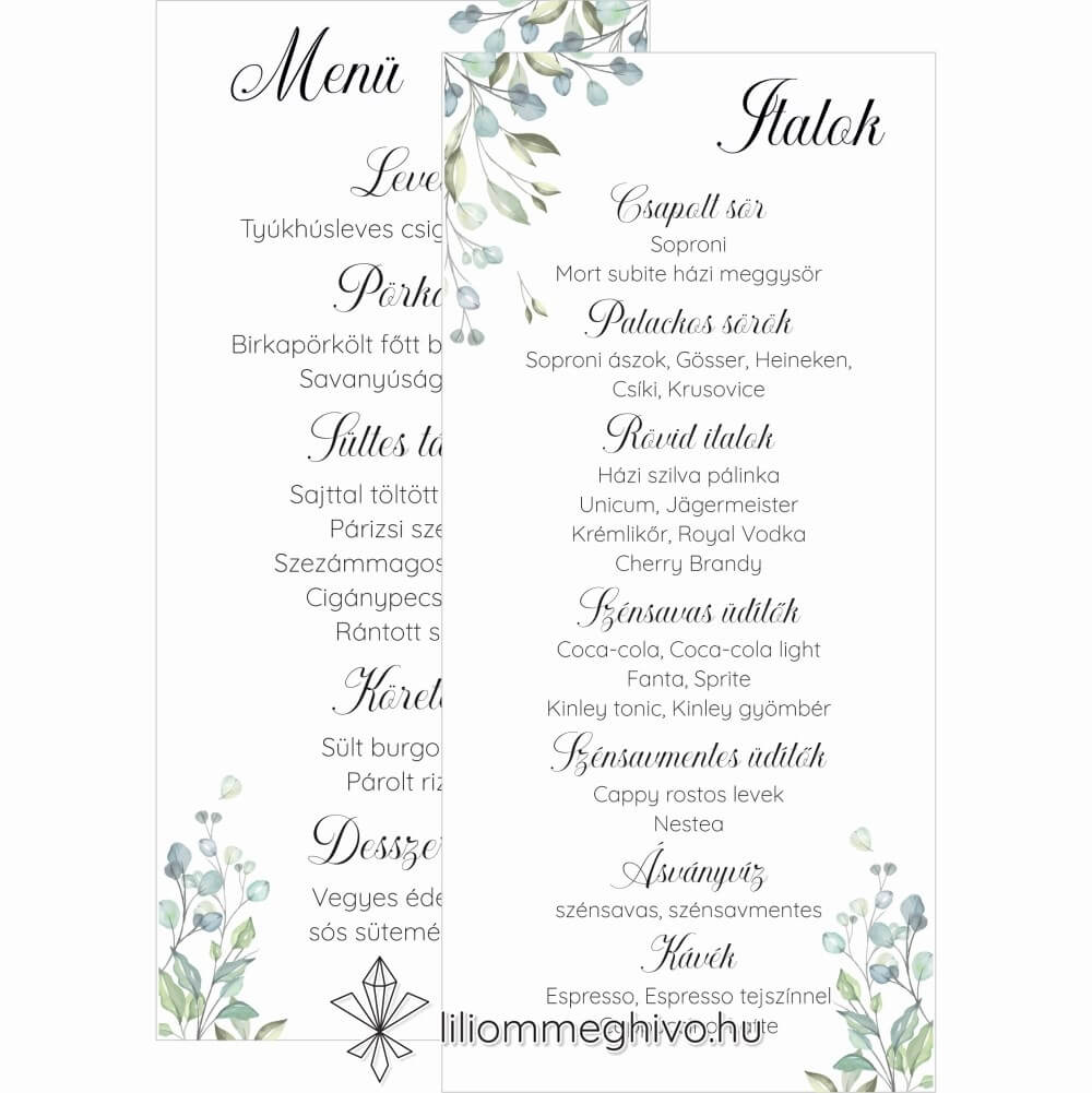 Zöldike esküvői menükártya greenery hangulat zöld virágokkal kétoldalas