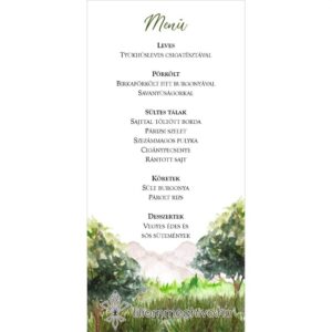 Hársliget esküvői egyoldalas menükártya zöld fákkal