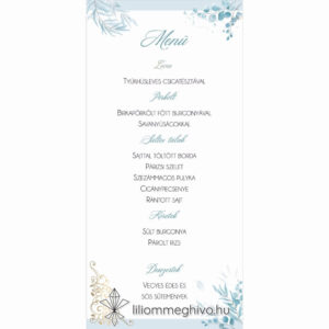 Jégvirág esküvői Menükártya téli esküvőre kék virágok arany minták egyoldalas