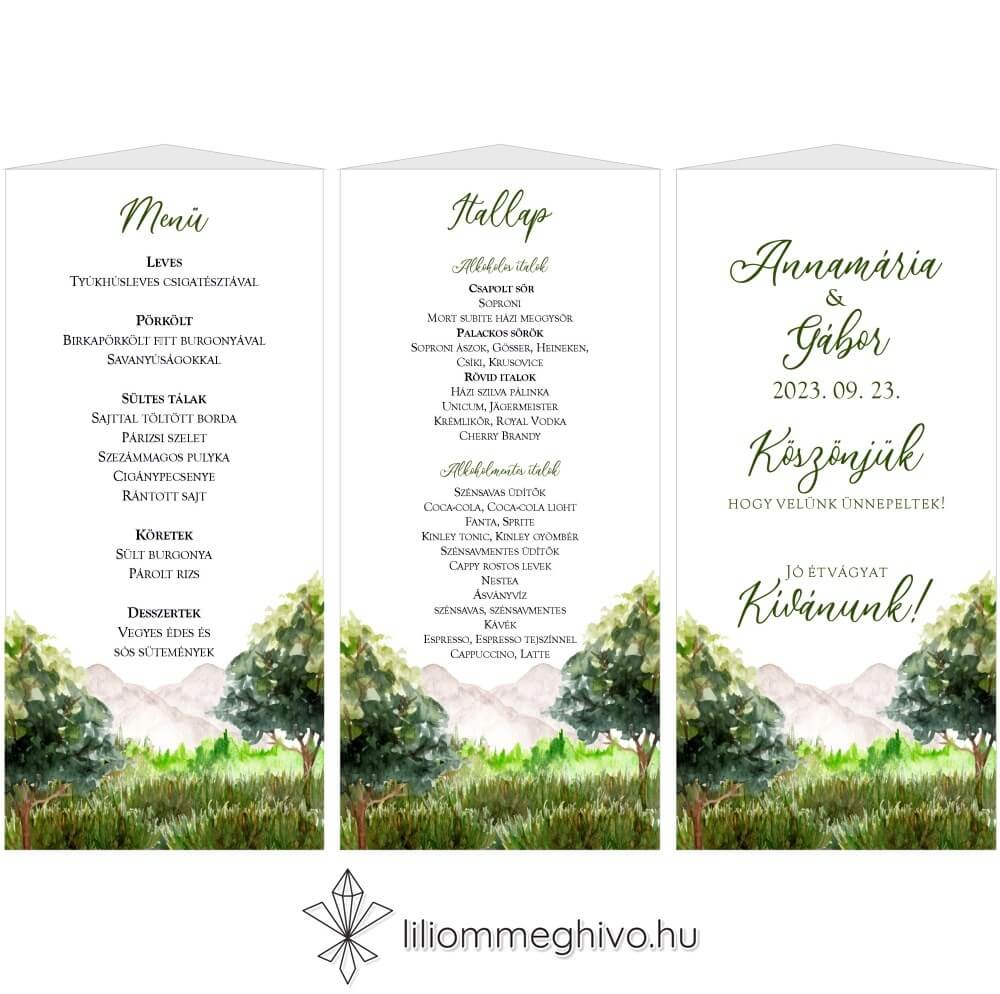 Hársliget esküvői menüháromszög zöld fákkal
