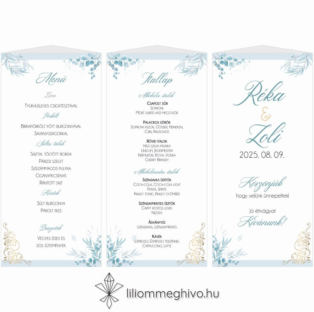 Jégvirág esküvői Menüháromszög téli esküvőre kék virágok arany minták