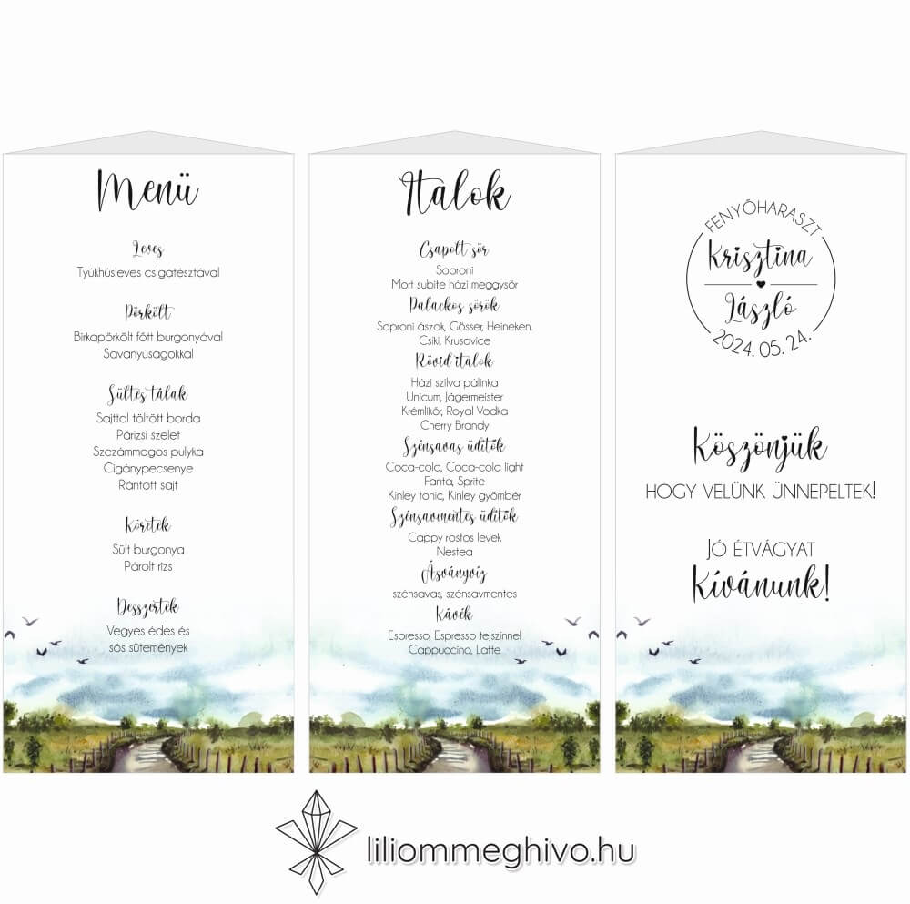 Ösvény esküvői menüháromszög festett és utazós hangulat