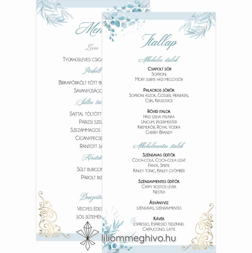 Jégvirág esküvői Menükártya téli esküvőre kék virágok arany minták kétoldalas