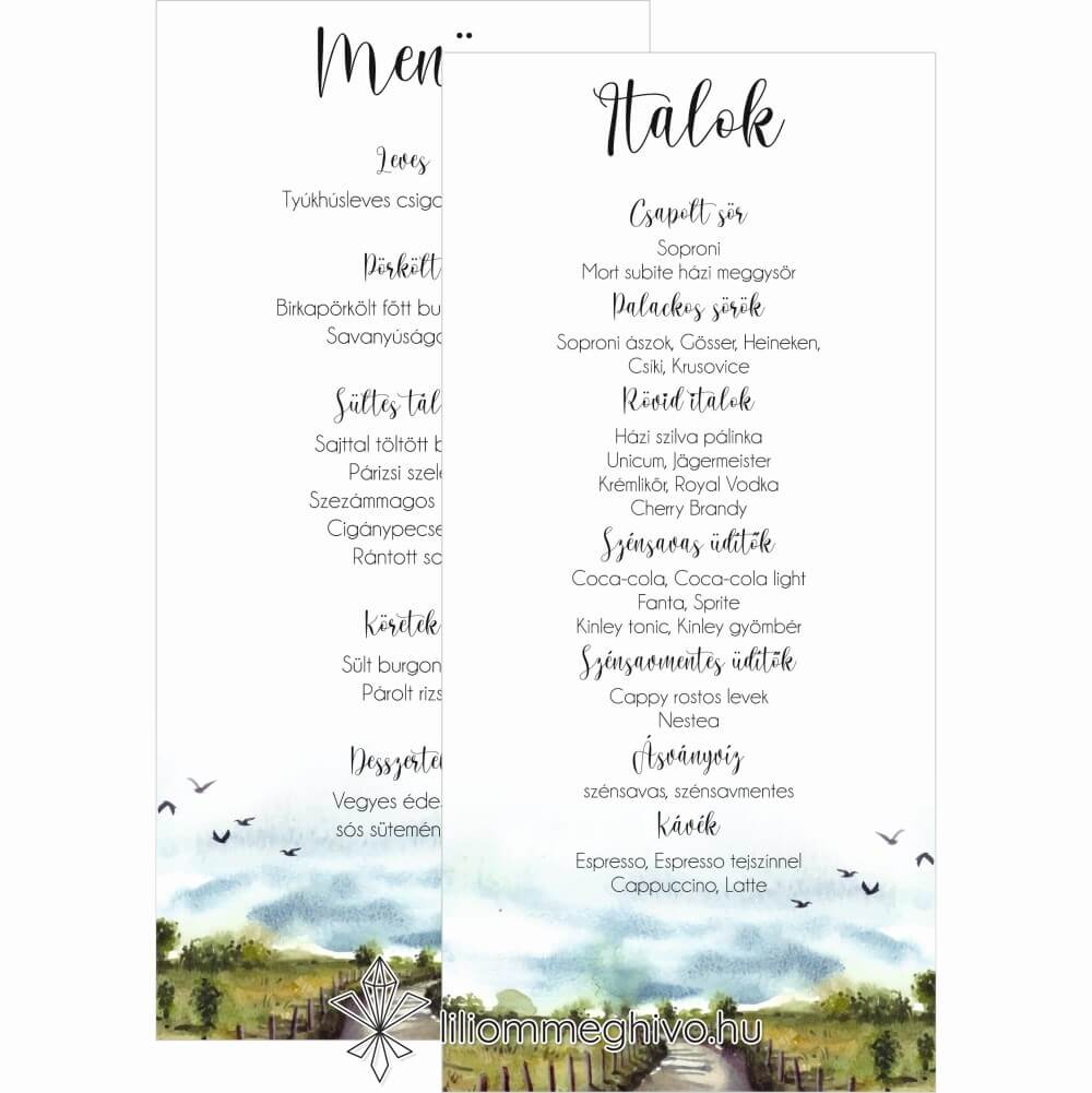 Ösvény esküvői menükártya festett és utazós hangulat kétoldalas