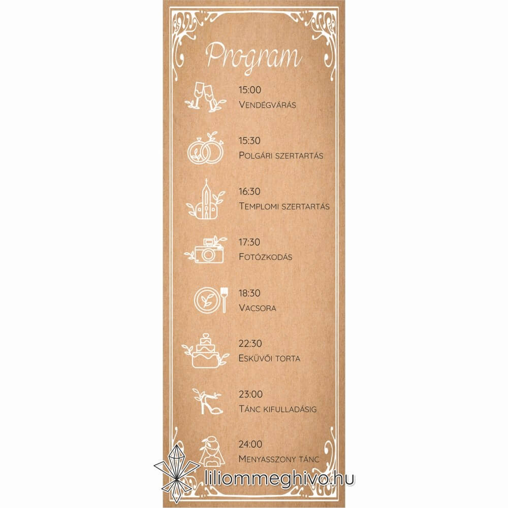 Papirusz esküvői programkártya képe egylapos változat vintage hangulat