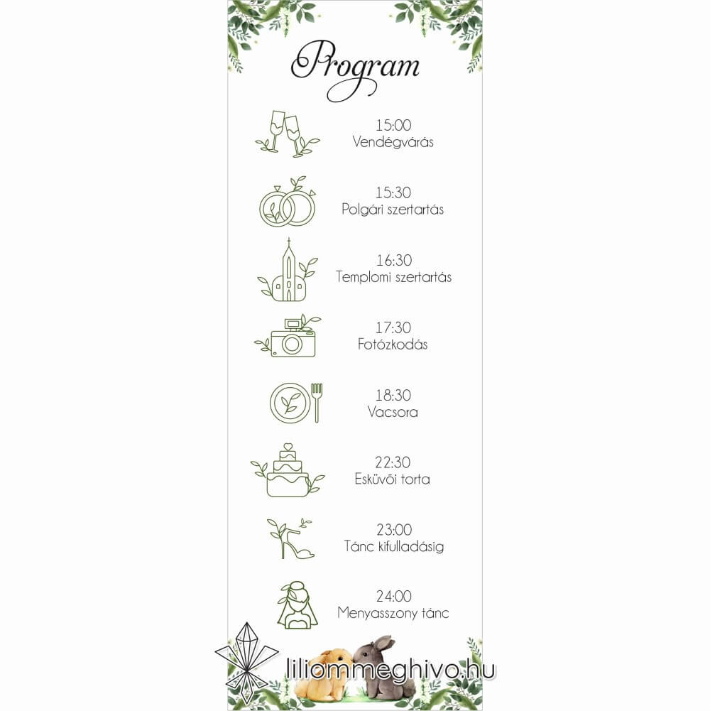 Tappancs esküvői programkártya greenery minta nyuszikkal