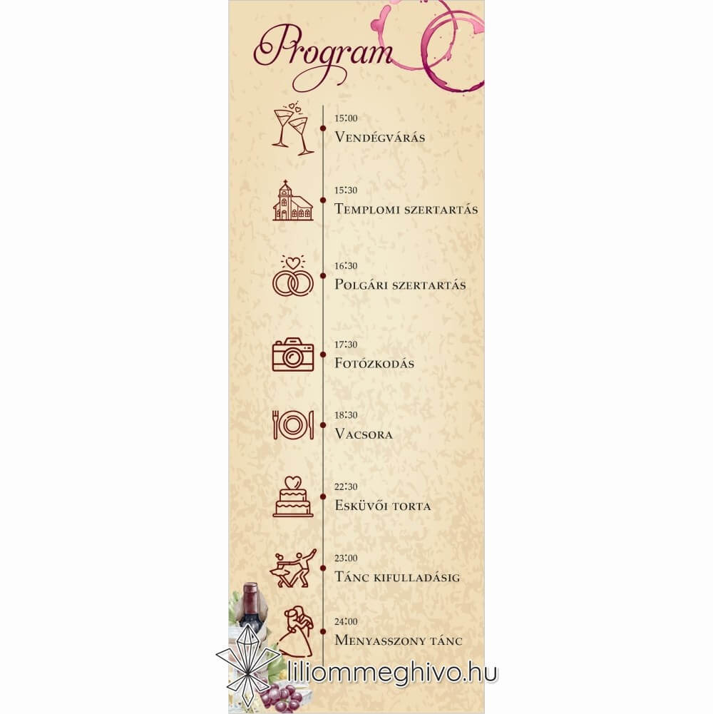 Borkóstoló esküvői programkártya vintage hangulat borfoltok