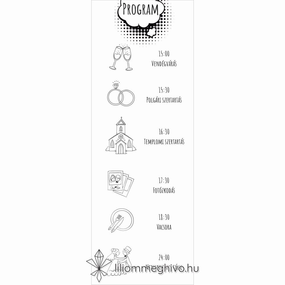 Buborék esküvői programkártya modern és képregényes hangulat fekete-fehér