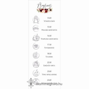 Burgundy esküvői programkártya bordó virágokkal