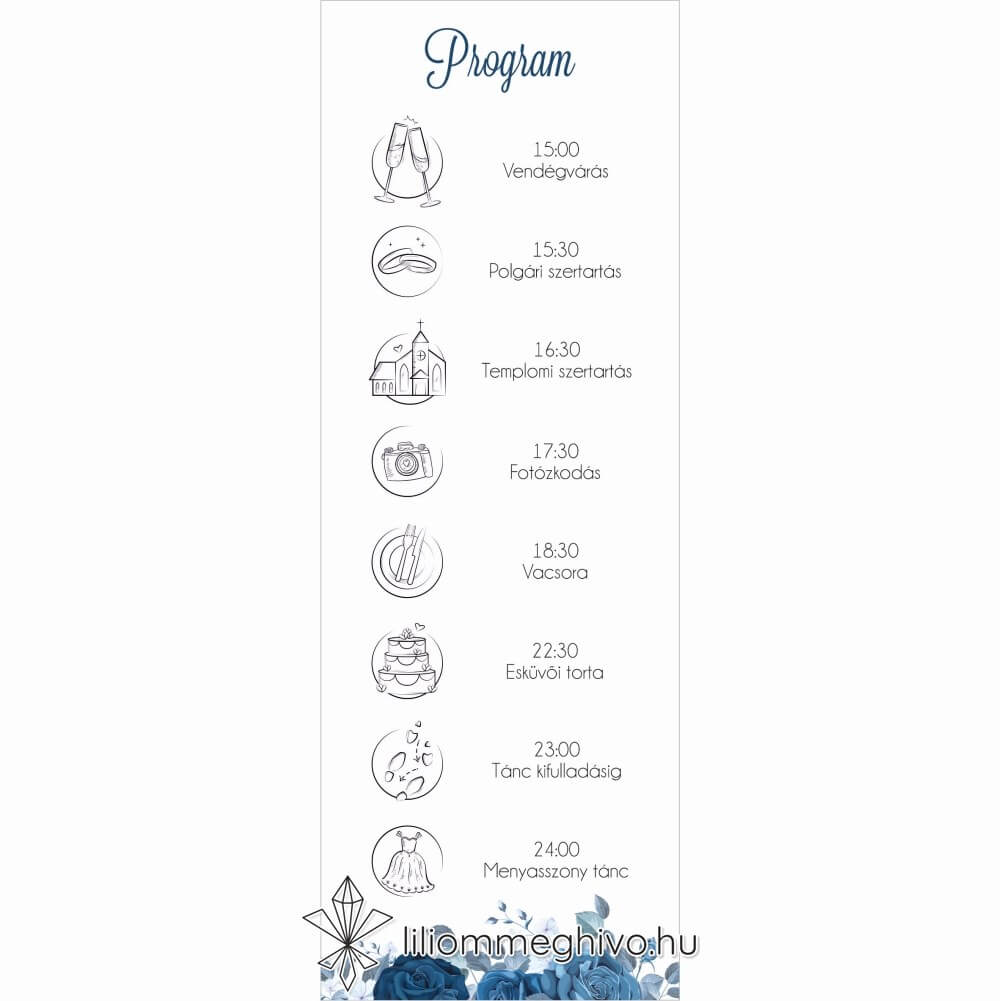 Éjfél esküvői programkártya téli hangulat kék virágokkal