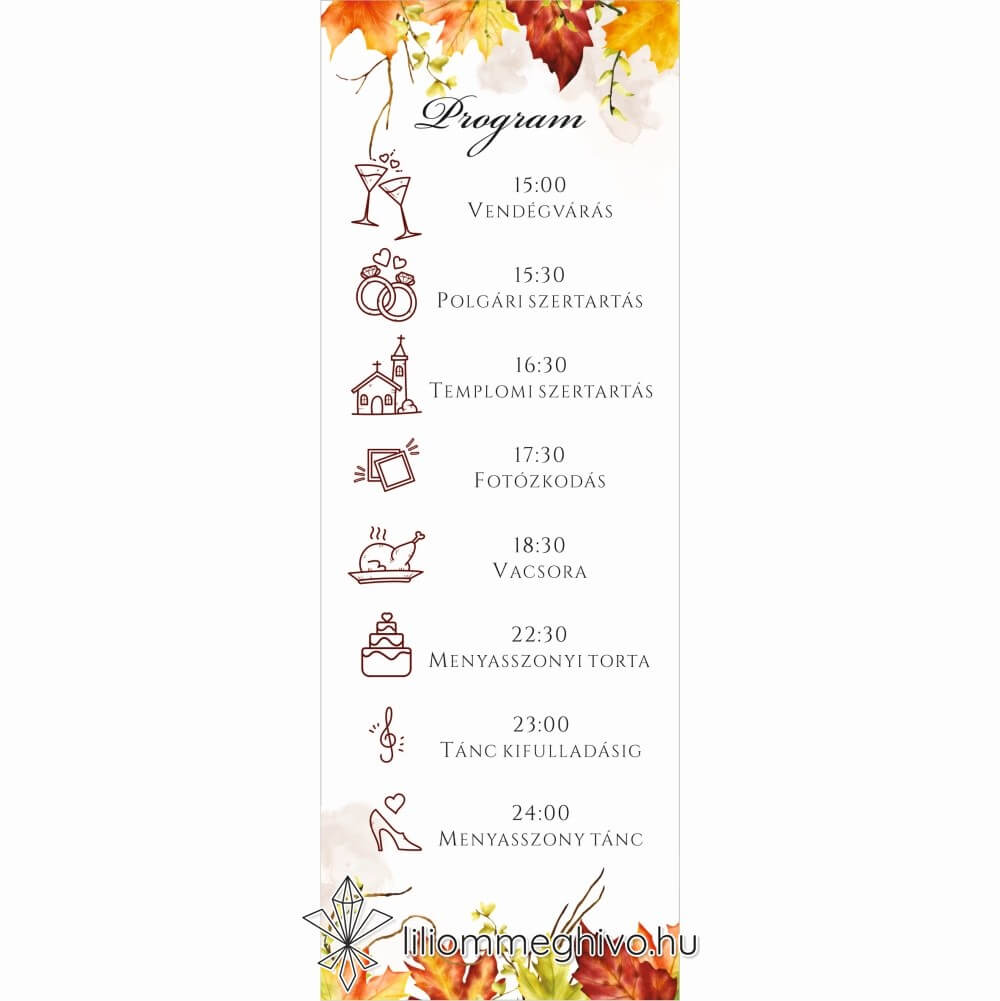 Falevelek esküvői programkártya színes levelekkel