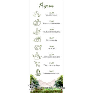 Hársliget esküvői programkártya zöld fákkal