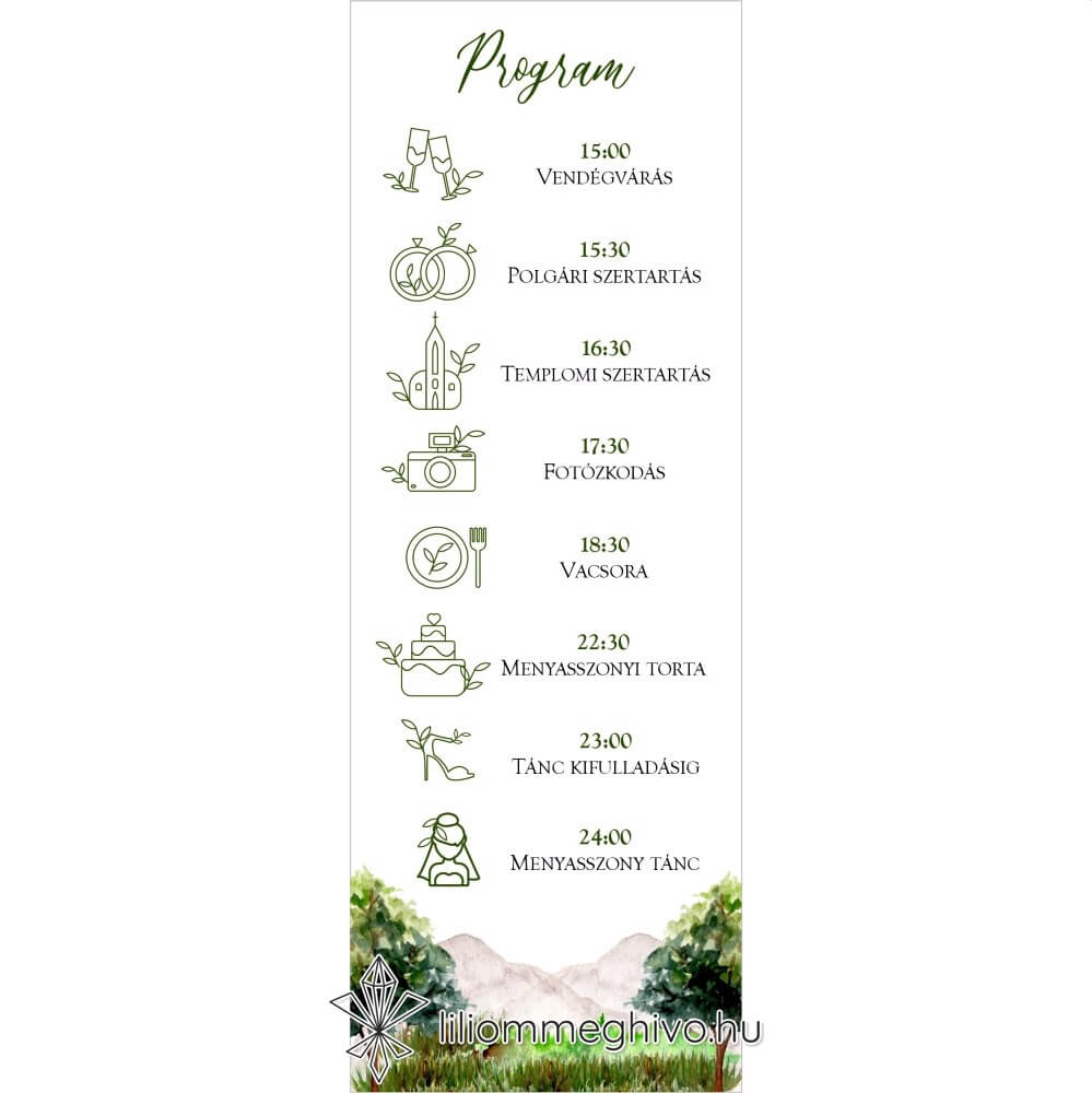 Hársliget esküvői programkártya zöld fákkal