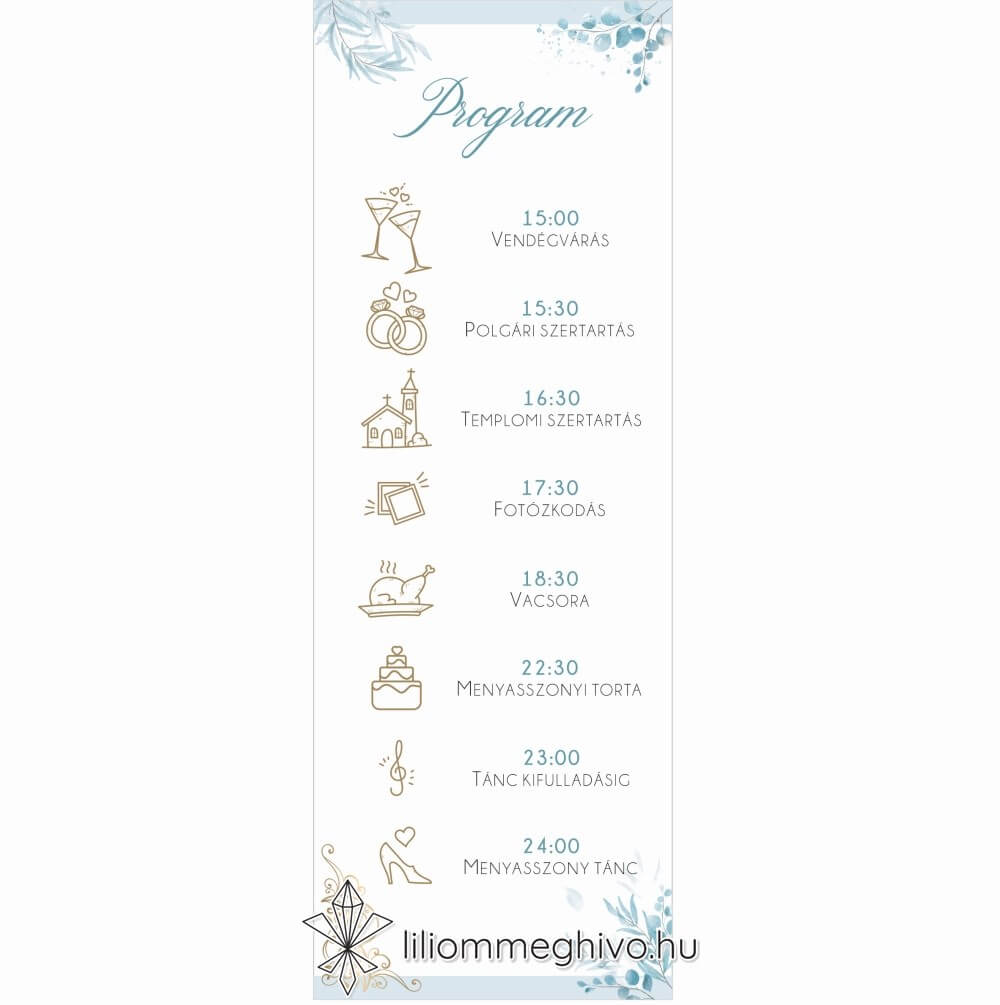 Jégvirág esküvői programkártya téli esküvőre kék virágok arany minták