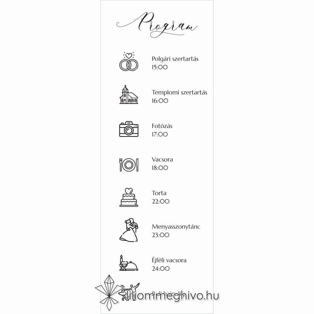 Kalligráfia esküvői programkártya modern hangulat egylapos változat
