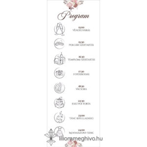 Mályva esküvői programkártya virágokkal