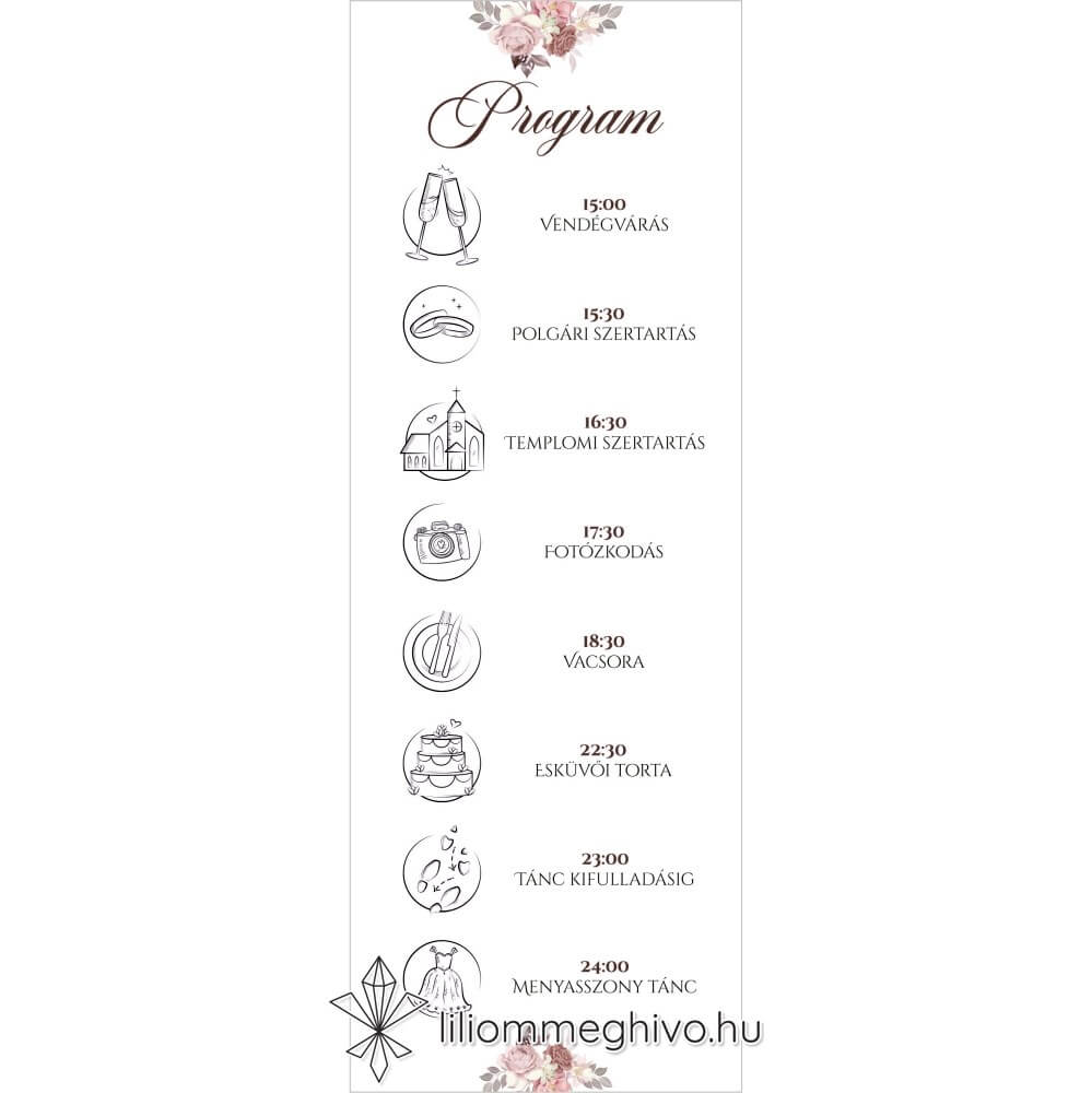 Mályva esküvői programkártya virágokkal