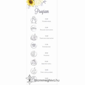 Napraforgó esküvői programkártya sárga virágokkal