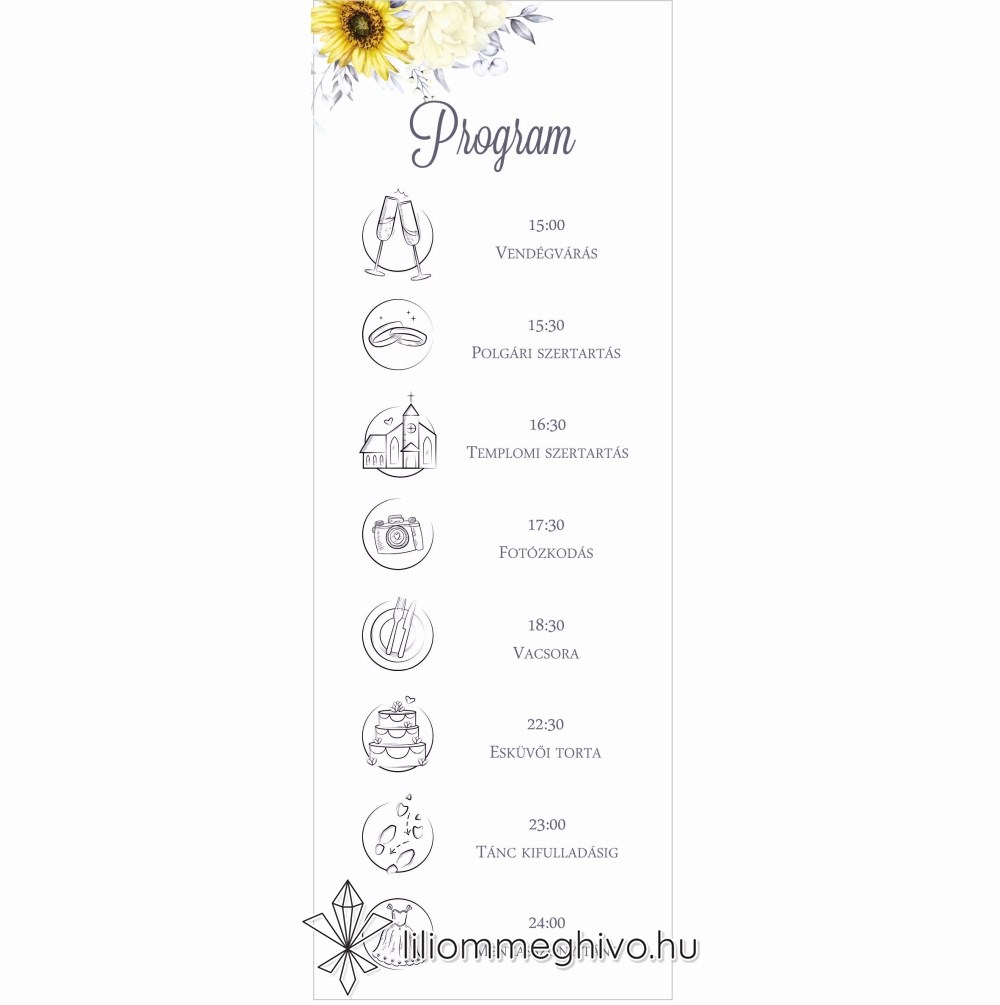 Napraforgó esküvői programkártya sárga virágokkal