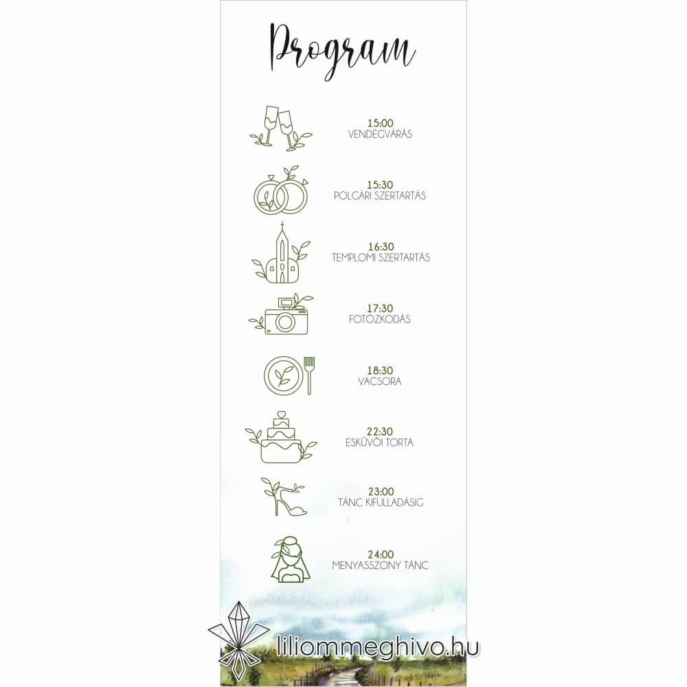 Ösvény esküvői programkártya festett és utazós hangulat